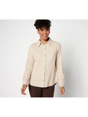 Denim & Co. Top Button Front Shirt sz L Striped Heavenly Jersey Brown A635975